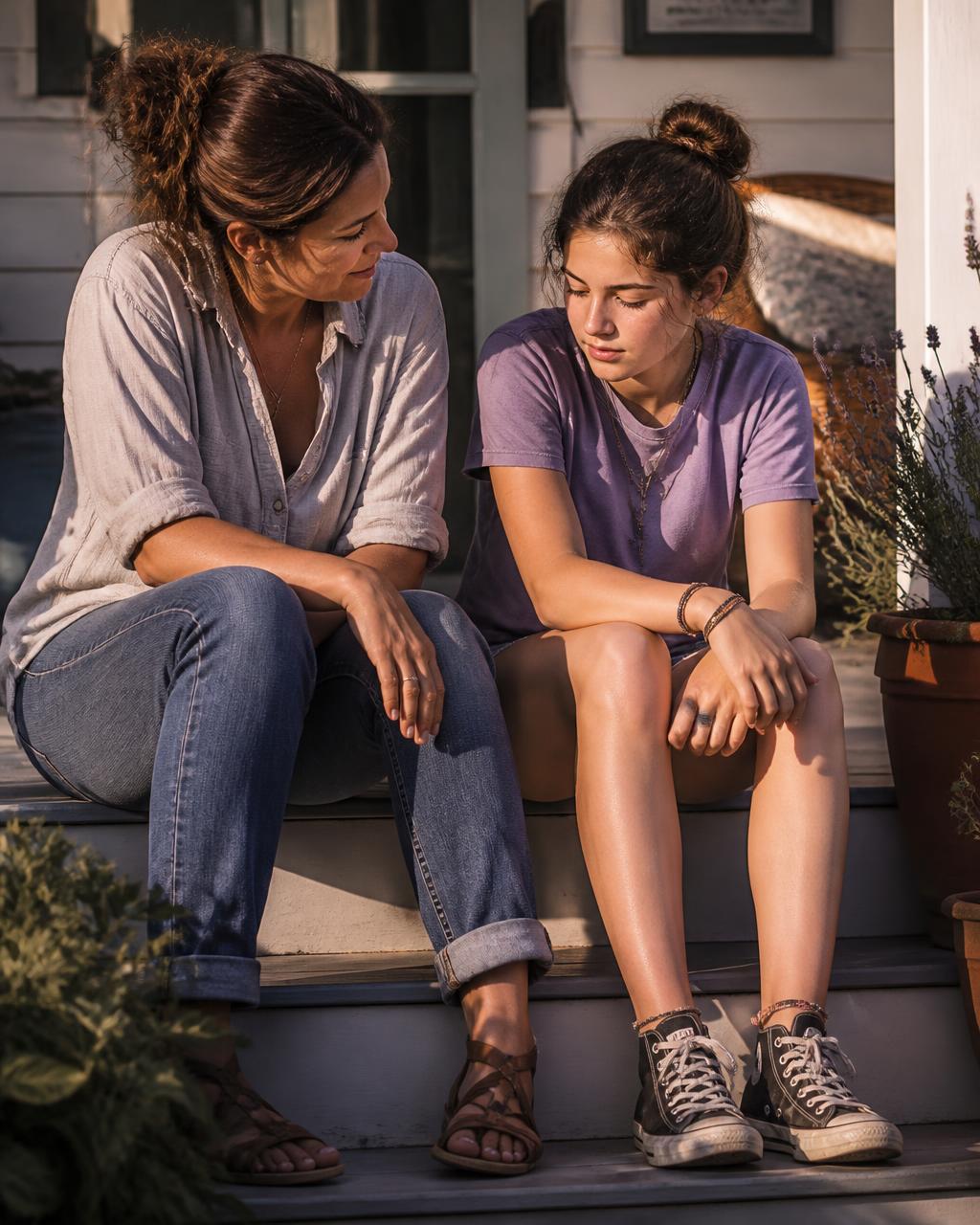 A mother and her teenage daughter sitting together on sunlit porch steps in quiet conversation